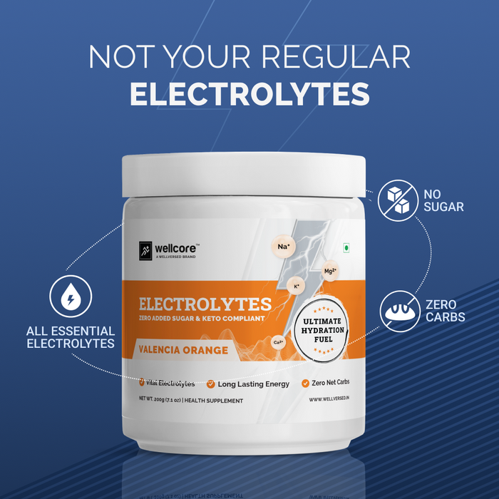 Wellcore - Electrolytes  | Orange | 5 Vital Electrolytes | Zero Sugar Electrolyte Powder | Sustainable Energy from Fat Fuel | Keto Electrolyte