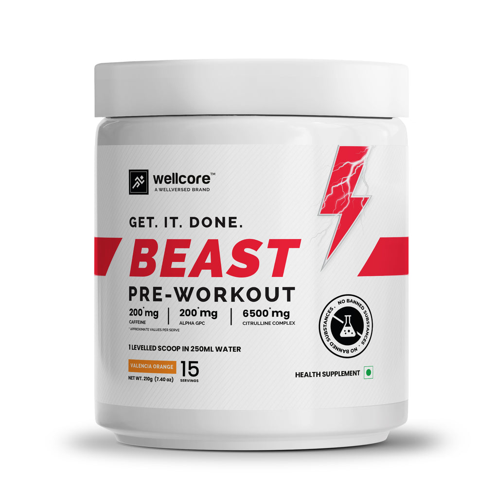 Wellcore - Beast Mode Pre Workout Supplement (210g, 15 Servs) | Valencia Orange | Pre Workout For Men & Women With 200 mg Alpha GPC | 200 mg Caffeine | 6500mg Citrulline Complex | 1000mg Creatine