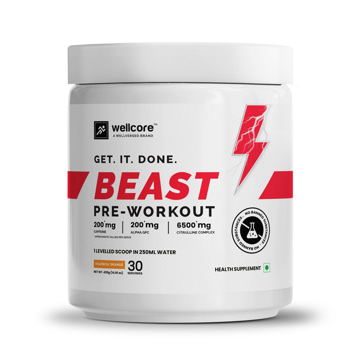 Wellcore - Beast Mode Pre Workout Supplement (420g, 30 Servs) | Valencia Orange | Pre workout For Men & Women With 200 mg Alpha GPC | 200 mg Caffeine | 6500mg Citrulline Complex | 1000mg Creatine