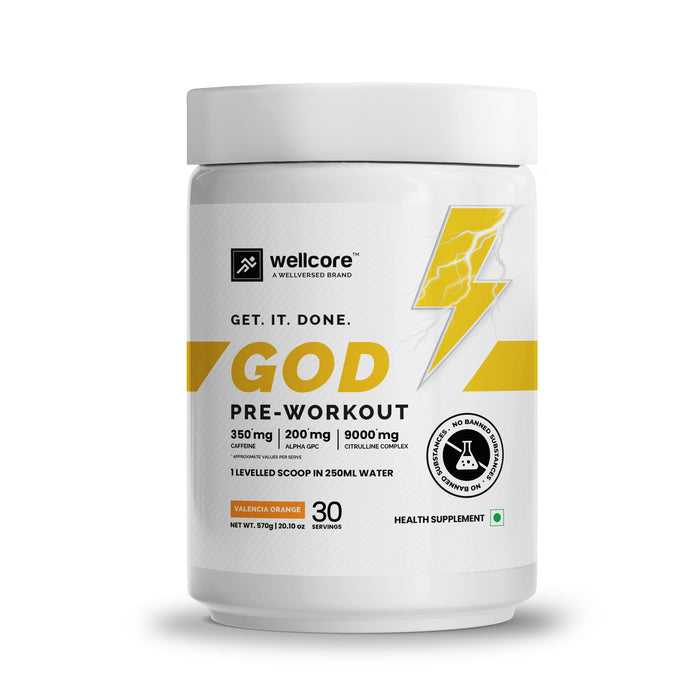 Wellcore - God Mode Pre Workout Supplement (570g, 30 Servings) | Not For Beginners & Intermediate Lifters | Valencia Orange | High Stim Pre Workout With Nootropics & Creatine