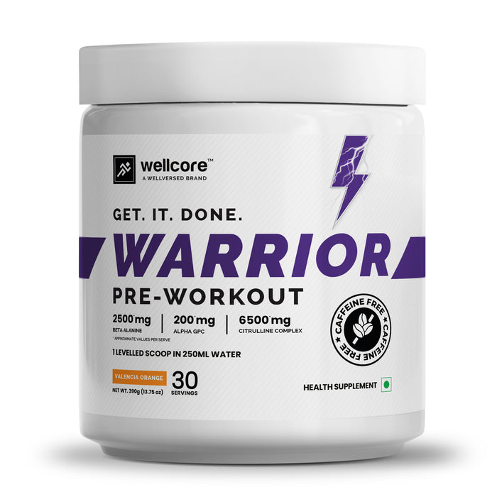 Wellcore - Warrior Pre Workout Supplement (390g, 30 Servings) | Valencia Orange | Strongest Caffeine Free Pre Workout With 200 mg Alpha GPC | 6500 mg Citrulline Complex | 2500 mg Beta Alanine