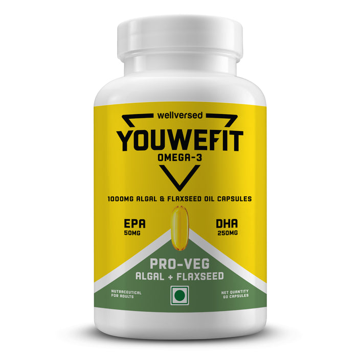 YouWeFit Pro-Vegetarian Omega-3 Capsules (60 Capsules) | 1000mg Algal Oil + Flaxseed Oil Capsules (250mg DHA | 200mg ALA | 50mg EPA)