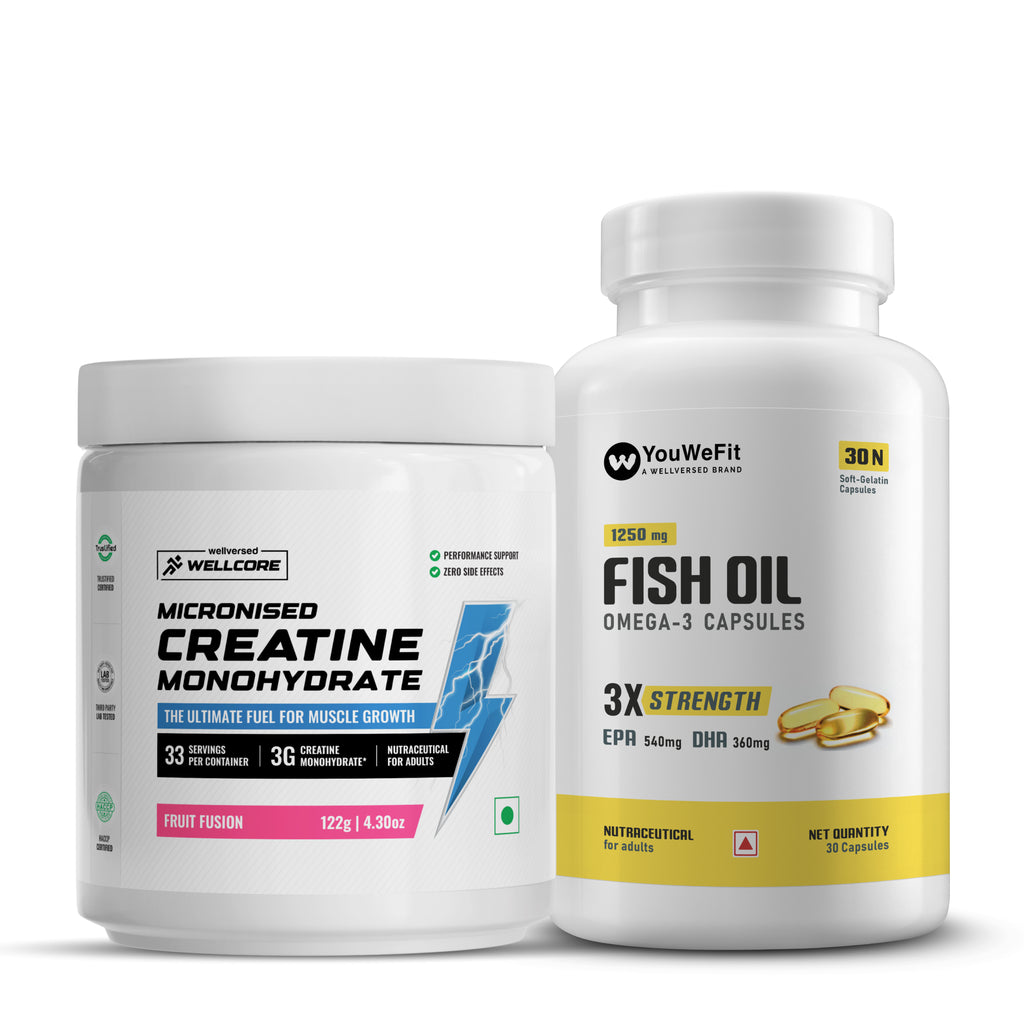 Wellcore Creatine Monohydrate (Fruit Fusion, 33 Servings) + YouWeFit Omega-3 Triple Strength Fish Oil (1250mg, 30 Capsules)