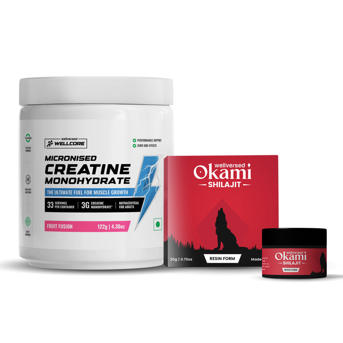 Wellcore Creatine (33 Servings, Fruit Fusion) + Okami Shilajit Resin (20g) | Power & Stamina Booster | Lab Tested | For Men & Women