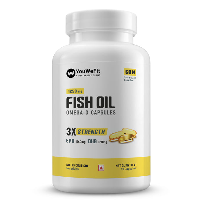 YouWeFit Omega-3 Fish Oil (60 Capsules) | 1250mg Triple Strength Fish Oil Capsules (540mg EPA & 360mg DHA) | No Fishy Burps|For Joint & Heart Health