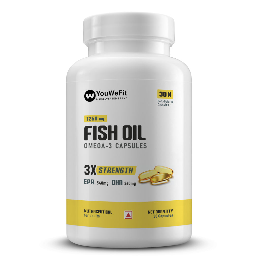YouWeFit Omega-3 Fish Oil (30 Capsules) | 1250mg Triple Strength Fish Oil Capsules (540mg EPA & 360mg DHA) | No Fishy Burps | For Joint & Heart Health