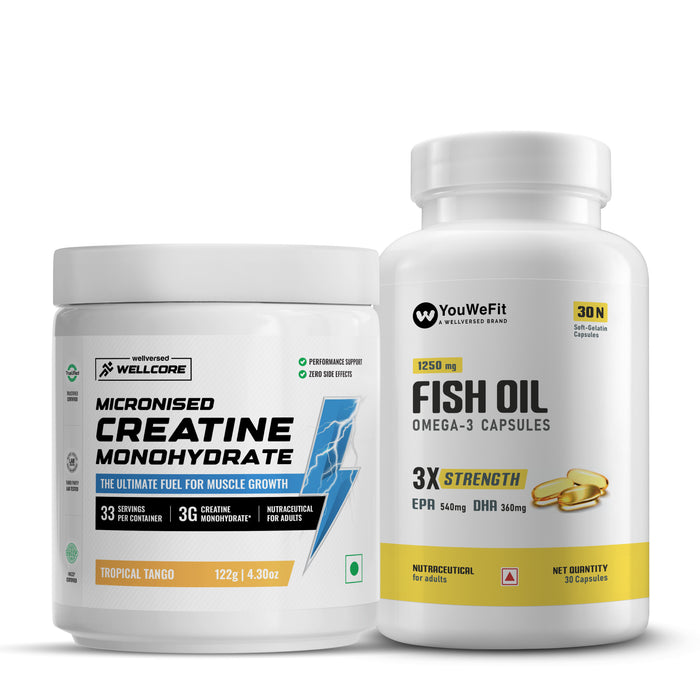 Wellcore Creatine Monohydrate (Tropical Tango, 33 Servings) + YouWeFit Omega-3 Triple Strength Fish Oil (1250mg, 30 Capsules)