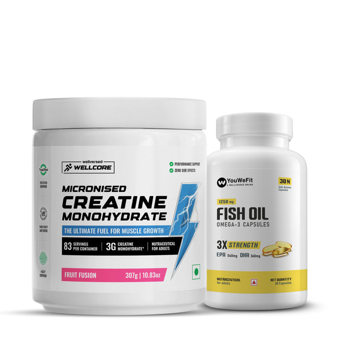 Wellcore Creatine Monohydrate (Fruit Fusion, 83 Servings) + YouWeFit Omega-3 Triple Strength Fish Oil (1250mg, 30 Capsules)