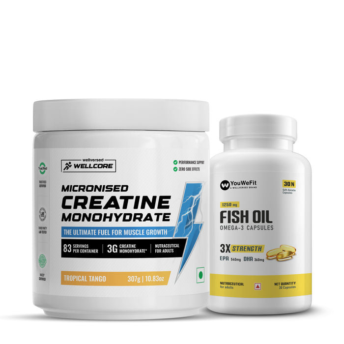 Wellcore Creatine Monohydrate (Tropical Tango, 83 Servings) + YouWeFit Omega-3 Triple Strength Fish Oil (1250mg, 30 Capsules)