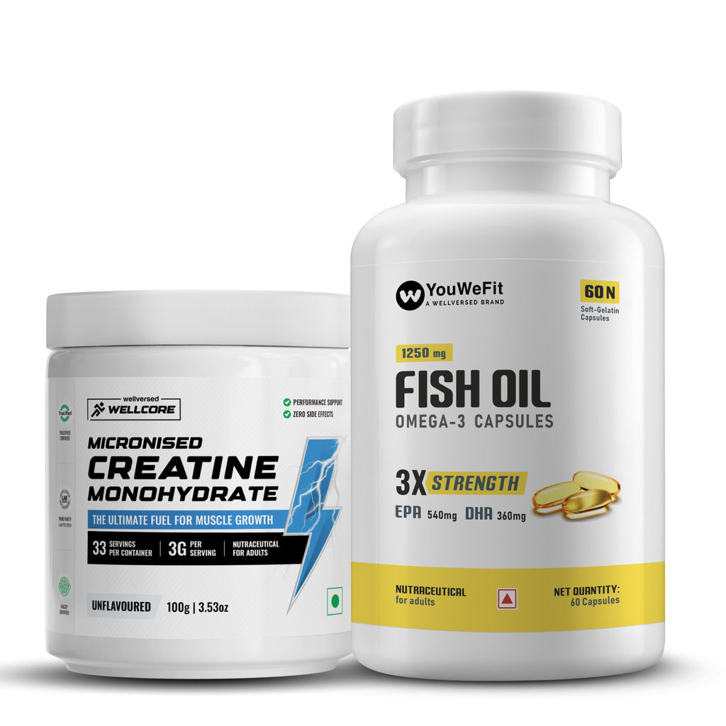 YouWeFit Omega-3 Fish Oil (60 Capsules), 1250mg + Wellcore Creatine Monohydrate (100gm, 33 Servings)