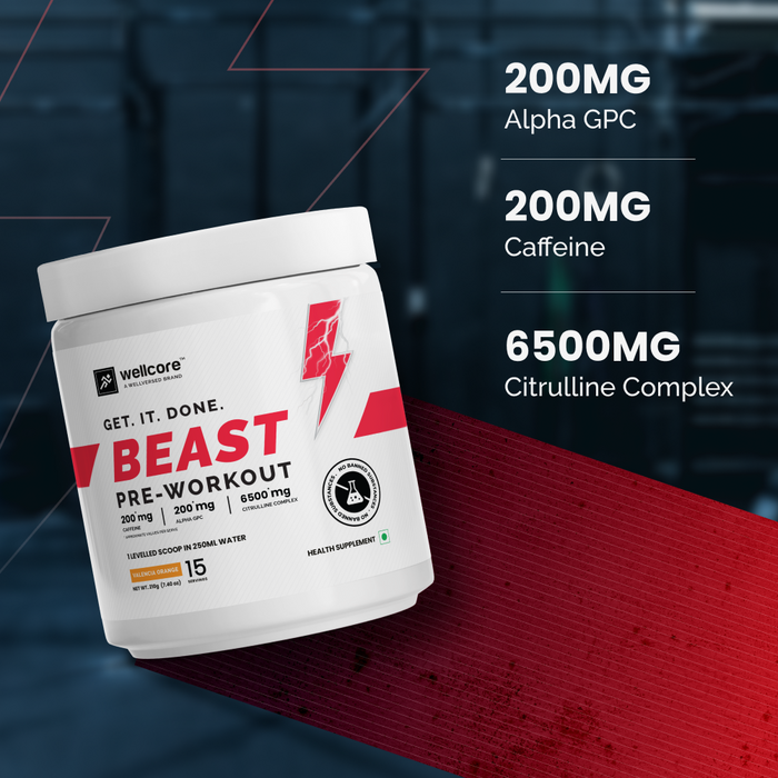 Wellcore - Beast Mode Pre Workout Supplement (210g, 15 Servs) | Valencia Orange | Pre Workout For Men & Women With 200 mg Alpha GPC | 200 mg Caffeine | 6500mg Citrulline Complex | 1000mg Creatine