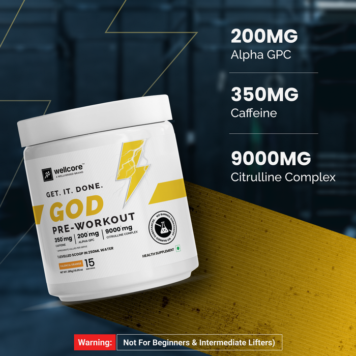 Wellcore - God Mode Pre Workout Supplement (285g, 15 Servings) | Not For Beginners & Intermediate Lifters | Valencia Orange | High Stim Pre Workout With Nootropics & Creatine