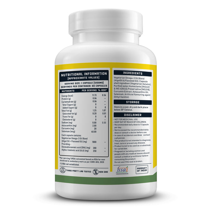 YouWeFit Pro-Vegetarian Omega-3 Capsules (60 Capsules) | 1000mg Algal Oil + Flaxseed Oil Capsules (250mg DHA | 200mg ALA | 50mg EPA)