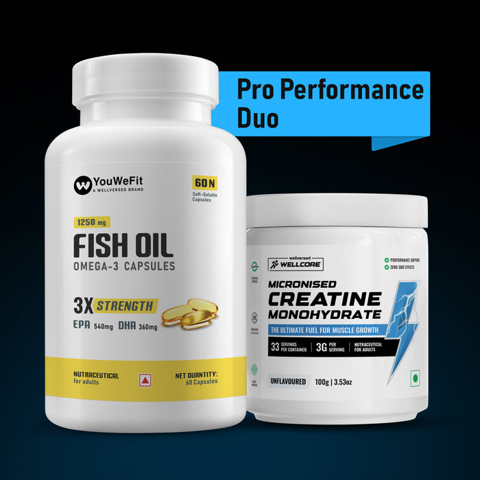 YouWeFit Omega-3 Fish Oil (60 Capsules), 1250mg + Wellcore Creatine Monohydrate (100gm, 33 Servings)