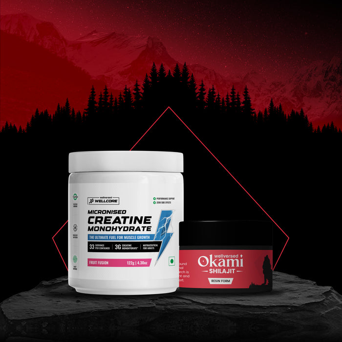 Wellcore Creatine (33 Servings, Fruit Fusion) + Okami Shilajit Resin (20g) | Power & Stamina Booster | Lab Tested | For Men & Women