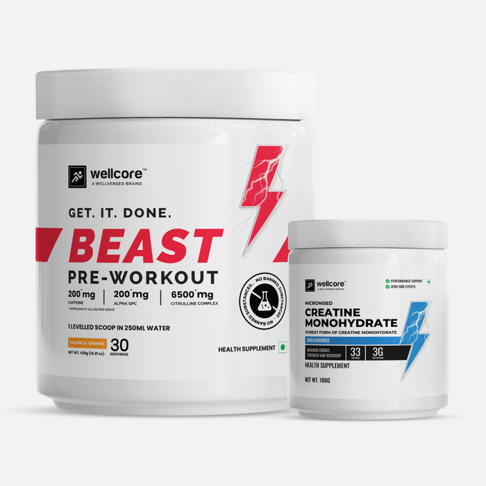 Wellcore - Explosive Energy COMBO - Creatine Monohydrate (100g, 33 Servings) & Beast Mode Pre Workout (450g, 30 Servings) | Experience Raw Power & Strength | Pre-workout and Creatine Supplement