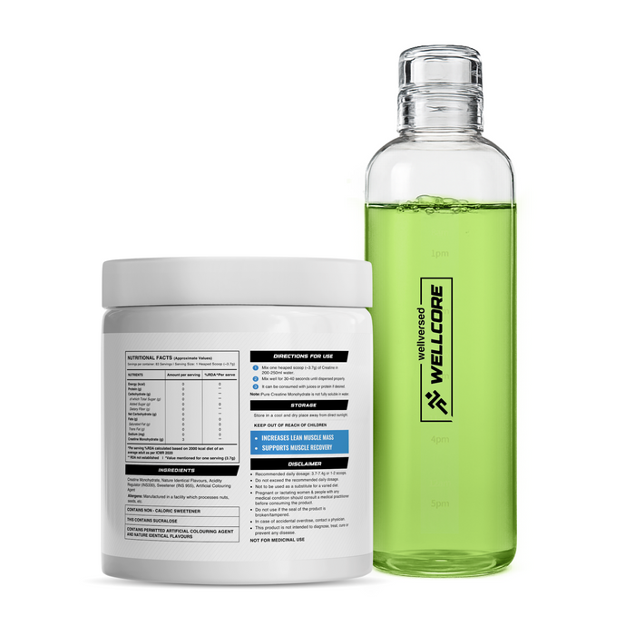 Wellcore - Micronised Creatine Monohydrate (83 Servings, Kiwi Kick) + Premium Glass Bottle
