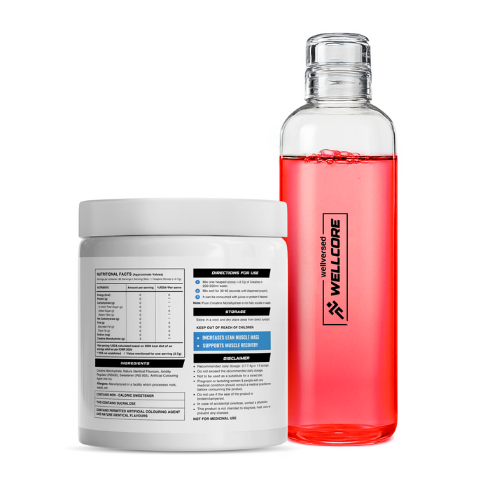 Wellcore - Micronised Creatine Monohydrate (83 Servings, Watermelon Wave ) + Premium Glass Bottle