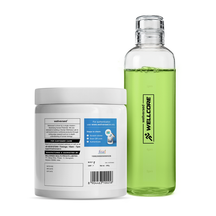 Wellcore - Micronised Creatine Monohydrate (83 Servings, Kiwi Kick) + Premium Glass Bottle
