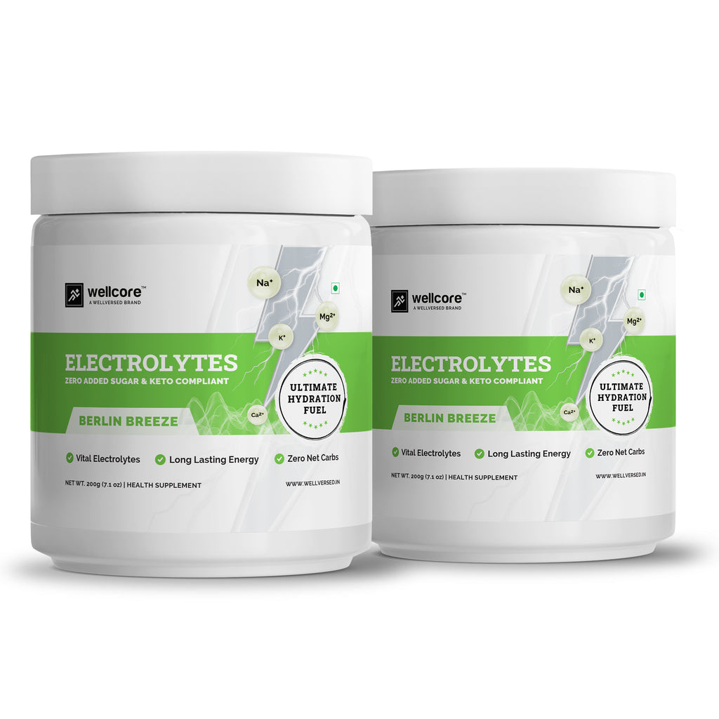 Wellcore - Electrolytes (2X200g, 80 servings) | Berlin Breeze | Electrolyte Drink With 5 Vital Electrolytes: Na, Mg, Ca, K, PO4 | Sugar Free Electrolyte Powder | Fat Fuel Powered Keto Electrolyte Powder