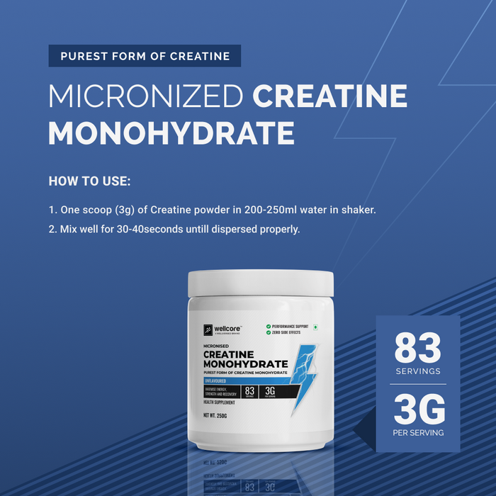 Wellcore - Micronised Creatine Monohydrate (250g, 83 Servings) | 100% Pure Creatine | Unflavored | Supports Athletic Performance and Power