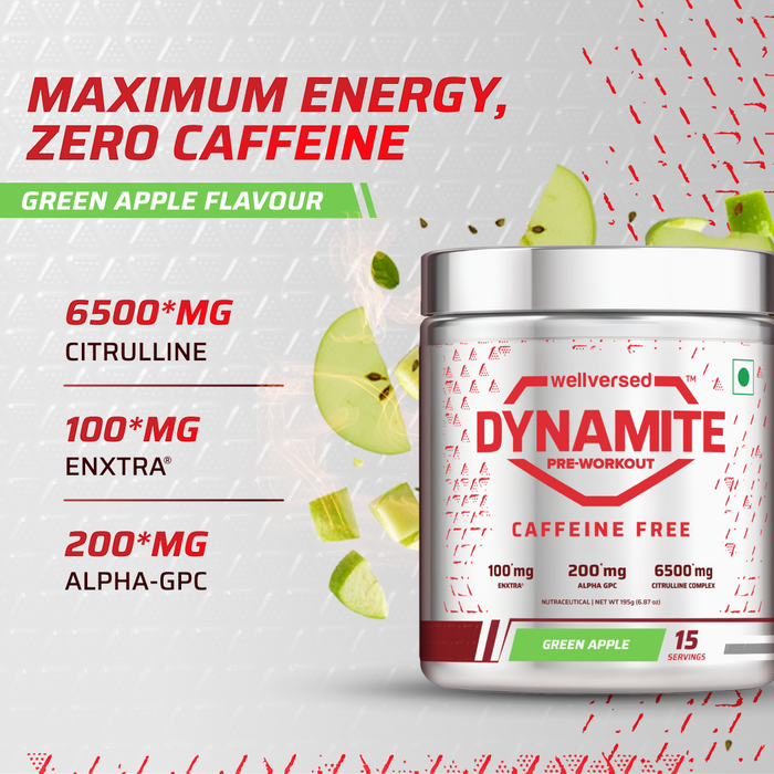 Dynamite Pre-Workout Caffeine Free (195g, 15 Servs) | Green Apple