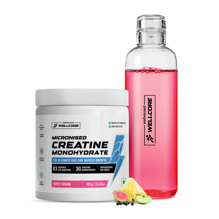 Wellcore - Micronised Creatine Monohydrate (83 Servings, Fruit Fusion) + Premium Glass Bottle