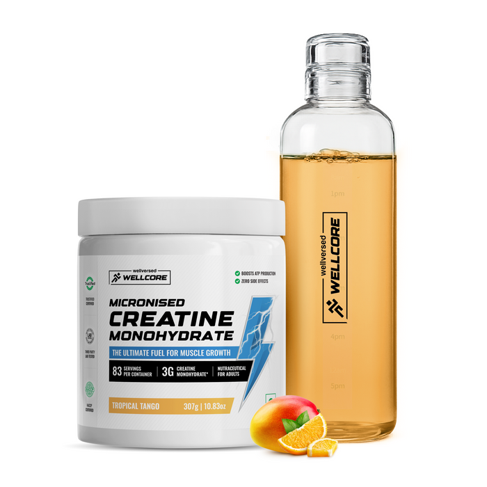 Wellcore - Micronised Creatine Monohydrate (83 Servings, Tropical Tango) + Premium Glass Bottle