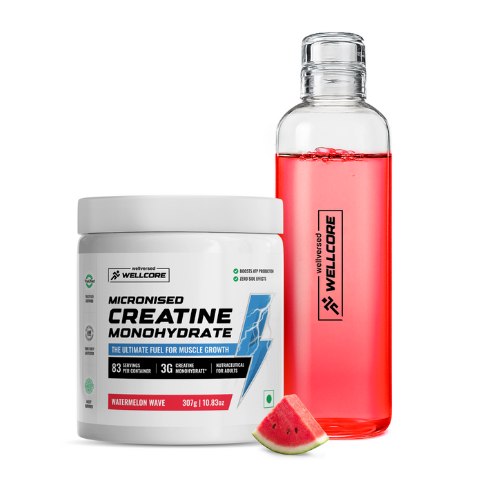 Wellcore - Micronised Creatine Monohydrate (83 Servings, Watermelon Wave ) + Premium Glass Bottle