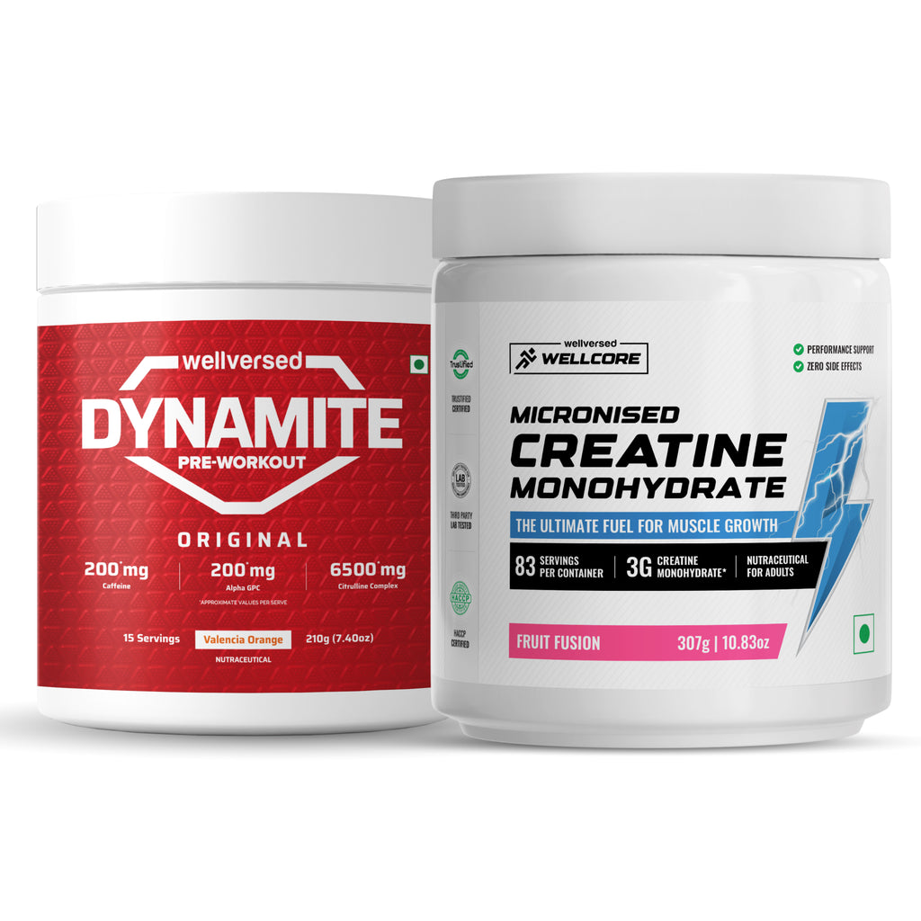 Wellcore Creatine Monohydrate Powder (307g, 83 Servings, Fruit Fusion) + Dynamite Pre-Workout Powder (210g,15 Servings, Valencia Orange)