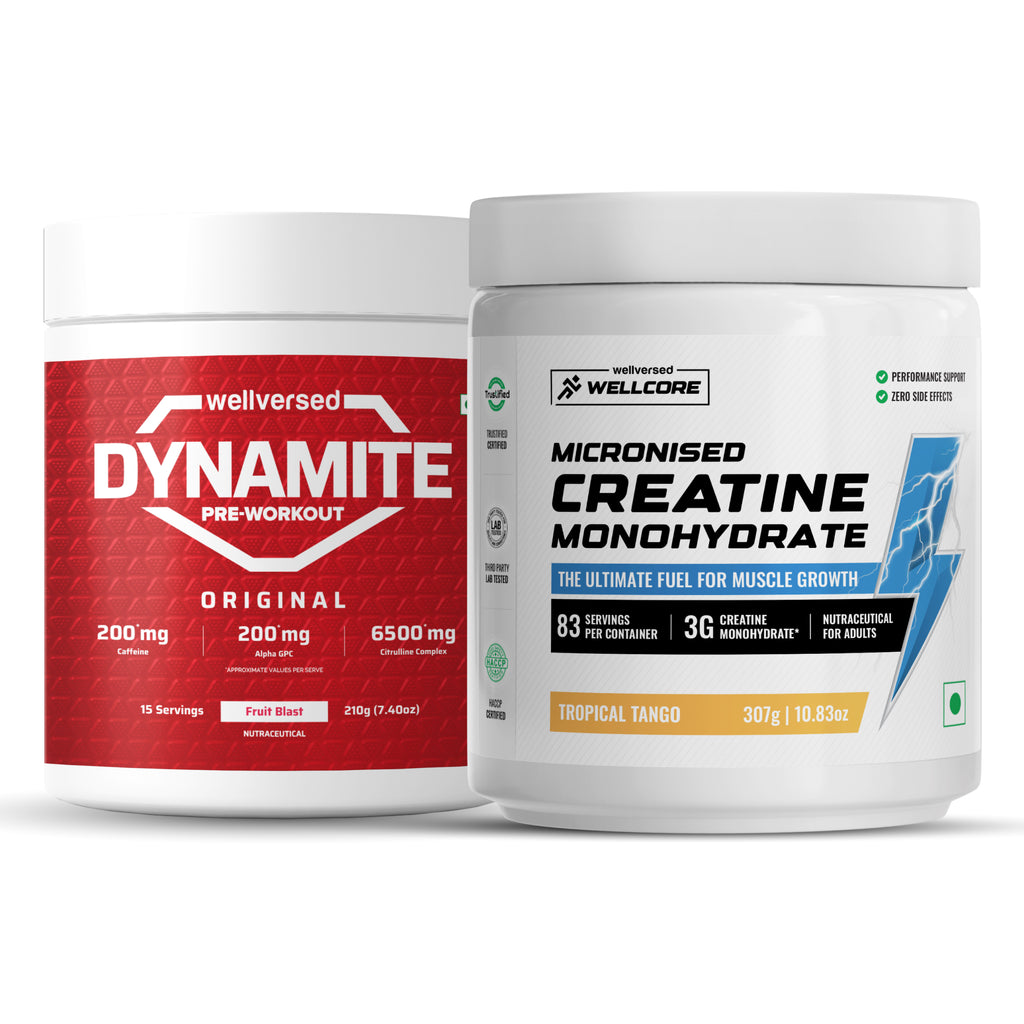 Wellcore Creatine Monohydrate Powder (307g, 83 Servings, Tropical Tango) + Dynamite Pre-Workout Powder (210g,15 Servings, Fruit Blast)