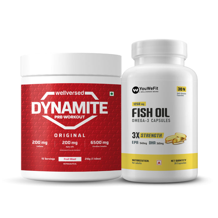 Dynamite Pre-workout (15 Servings, Fruit Blast) + YouWeFit Triple Strength Fish Oil (30 Capsules) | Power & Recovery | For Men & Women