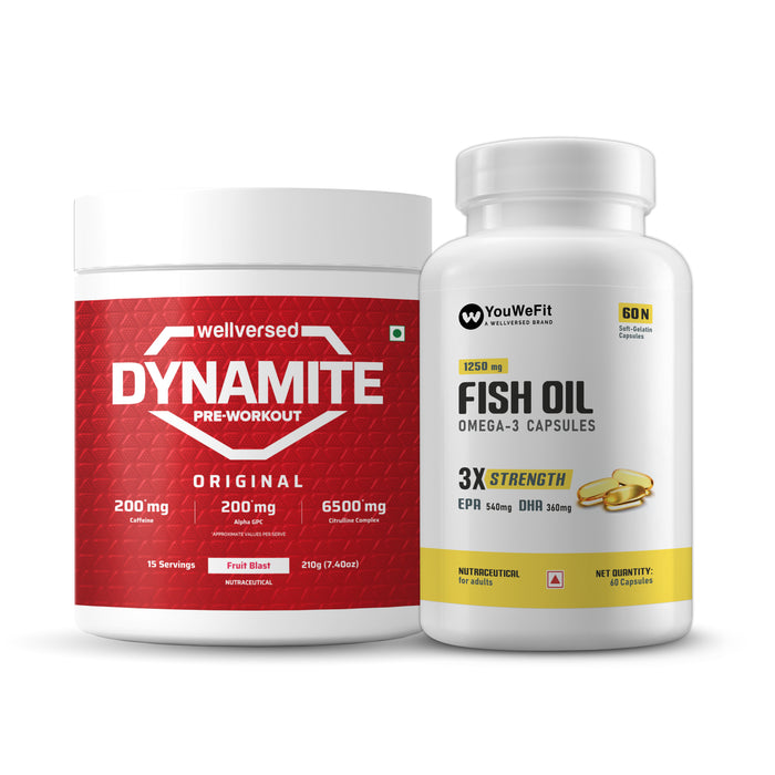 Dynamite Pre-workout (15 Servings, Fruit Blast) + YouWeFit Triple Strength Fish Oil (60 Capsules) | Power & Recovery | For Men & Women