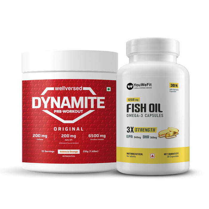 Dynamite Pre-workout (15 Servings, Valencia Orange) + YouWeFit Triple Strength Fish Oil (30 Capsules) | Power & Recovery | For Men & Women