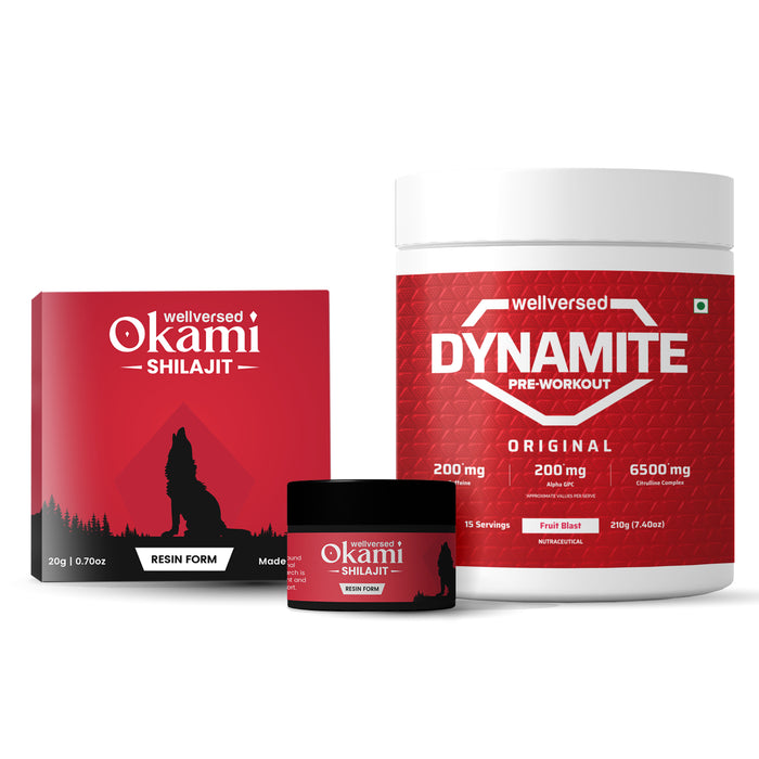 Dynamite Pre-Workout (210g, 15 Servings, Fruit Blast) + Okami Shilajit Resin (20g) | Energy & Stamina Booster | Lab Tested | For Men & Women