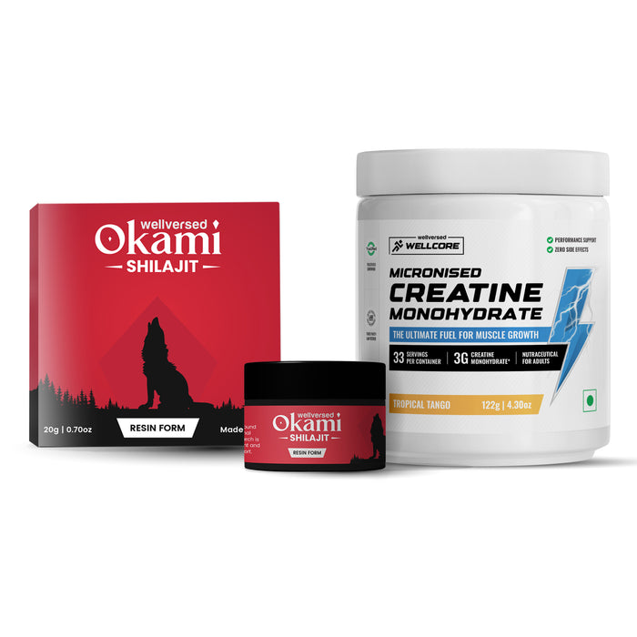 Wellcore Creatine (33 Servings, Tropical Tango) + Okami Shilajit Resin (20g) | Power & Stamina Booster | Lab Tested | For Men & Women