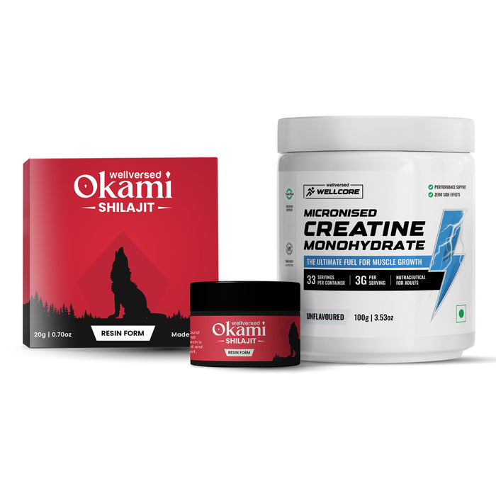 Wellcore Creatine (33 Servings, Unflavoured) + Okami Shilajit Resin (20g) | Power & Stamina Booster | Lab Tested | For Men & Women