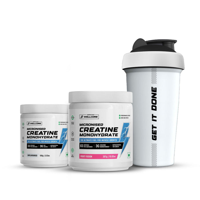 Wellcore - Micronised Creatine Monohydrate (83 Servings, Fruit Fusion) + Creatine (33 Servings, Unflavoured) + Steel Shaker | Muscle Growth & Recovery