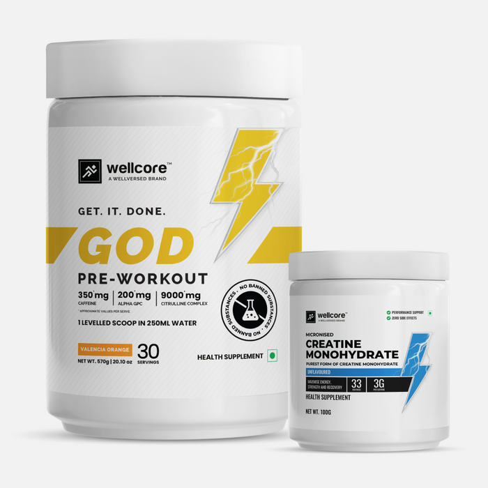 Wellcore - Next Generation Energy COMBO - Creatine Monohydrate (100g, 33 Servings) and GOD Mode Pre Workout (600g, 30 Servings) | Pre-workout and Creatine Supplement