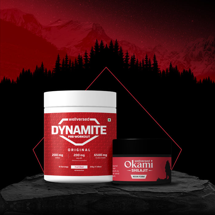 Dynamite Pre-Workout (210g, 15 Servings, Fruit Blast) + Okami Shilajit Resin (20g) | Energy & Stamina Booster | Lab Tested | For Men & Women