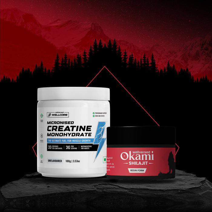 Wellcore Creatine (33 Servings, Unflavoured) + Okami Shilajit Resin (20g) | Power & Stamina Booster | Lab Tested | For Men & Women