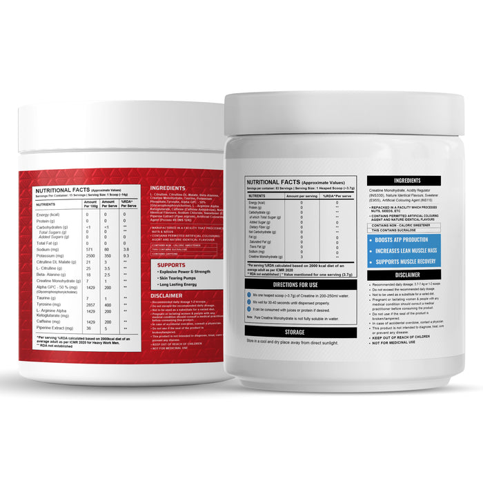 Wellcore Creatine Monohydrate Powder (307g, 83 Servings, Tropical Tango) + Dynamite Pre-Workout Powder (210g,15 Servings, Fruit Blast)