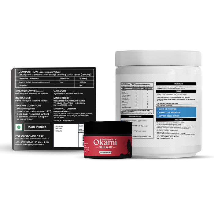 Wellcore Creatine (33 Servings, Tropical Tango) + Okami Shilajit Resin (20g) | Power & Stamina Booster | Lab Tested | For Men & Women