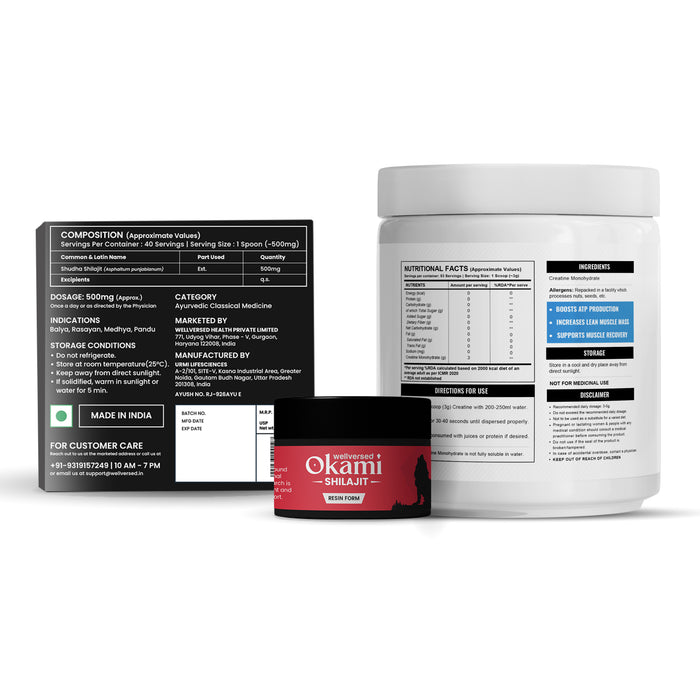 Wellcore Creatine (33 Servings, Unflavoured) + Okami Shilajit Resin (20g) | Power & Stamina Booster | Lab Tested | For Men & Women