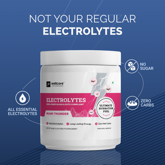 Wellcore - Electrolytes | Miami Thunder | 5 Vital Electrolytes | Zero Sugar Electrolyte Powder | Sustainable Energy from Fat Fuel | Keto Electrolyte