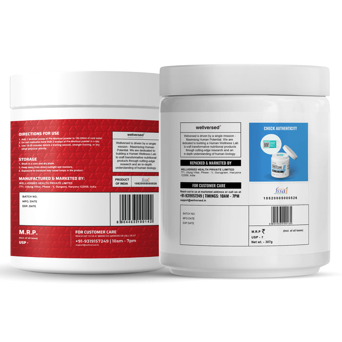 Wellcore Creatine Monohydrate Powder (307g, 83 Servings, Tropical Tango) + Dynamite Pre-Workout Powder (210g,15 Servings, Fruit Blast)