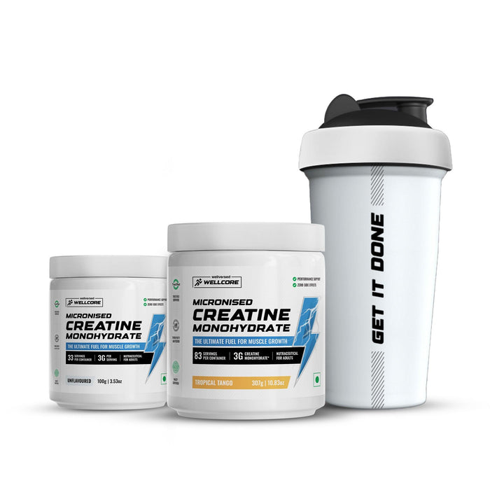 Wellcore - Micronised Creatine Monohydrate (83 Servings, Tropical Tango) + Creatine (33 Servings, Unflavoured) + Steel Shaker | Muscle Growth & Recovery