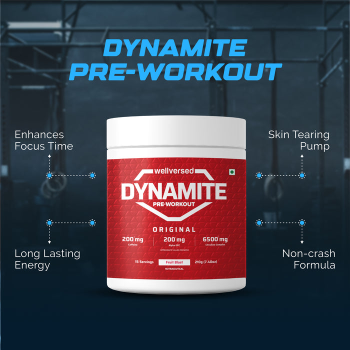 Wellcore Creatine Monohydrate Powder (307g, 83 Servings, Tropical Tango) + Dynamite Pre-Workout Powder (210g,15 Servings, Fruit Blast)