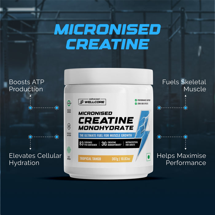 Wellcore Creatine Monohydrate Powder (307g, 83 Servings, Tropical Tango) + Dynamite Pre-Workout Powder (210g,15 Servings, Fruit Blast)