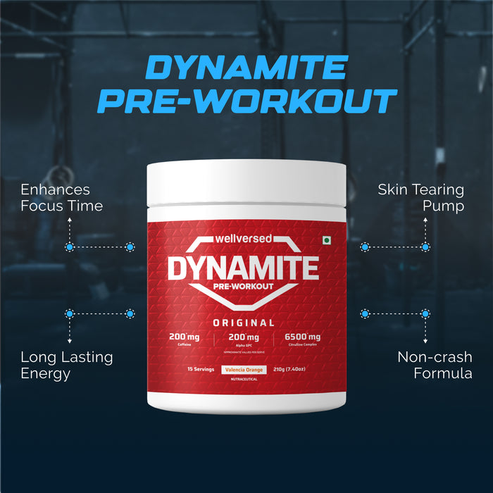 Wellcore Creatine Monohydrate Powder (307g, 83 Servings, Fruit Fusion) + Dynamite Pre-Workout Powder (210g,15 Servings, Valencia Orange)